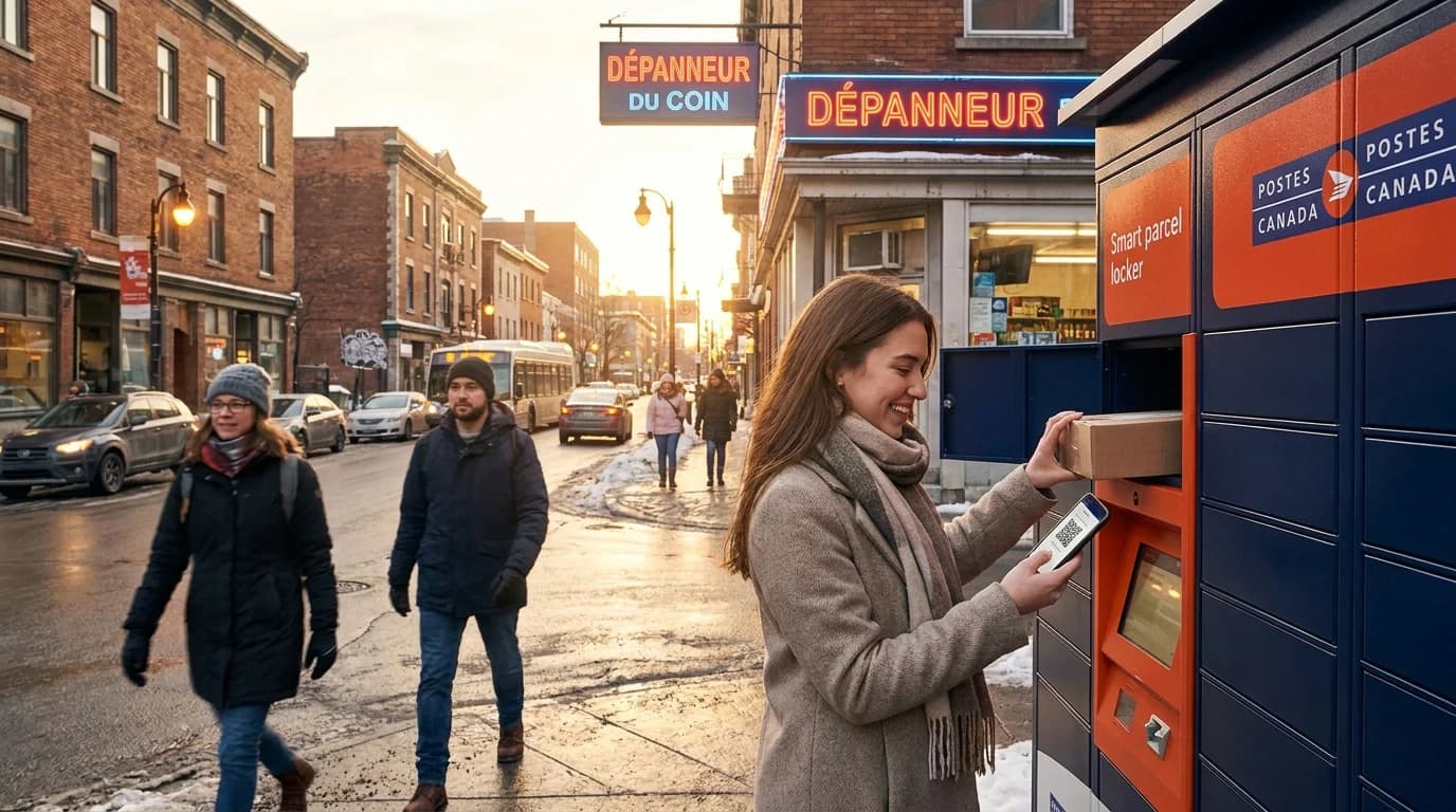 Woman picking up a parcel at a MesColis locker on a Montreal street