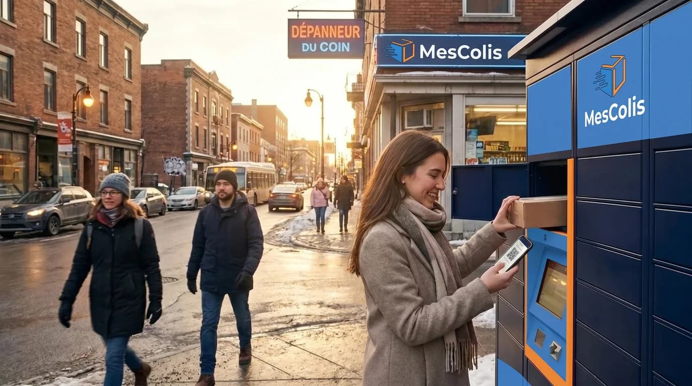 Woman picking up a parcel at a MesColis locker on a Montreal street